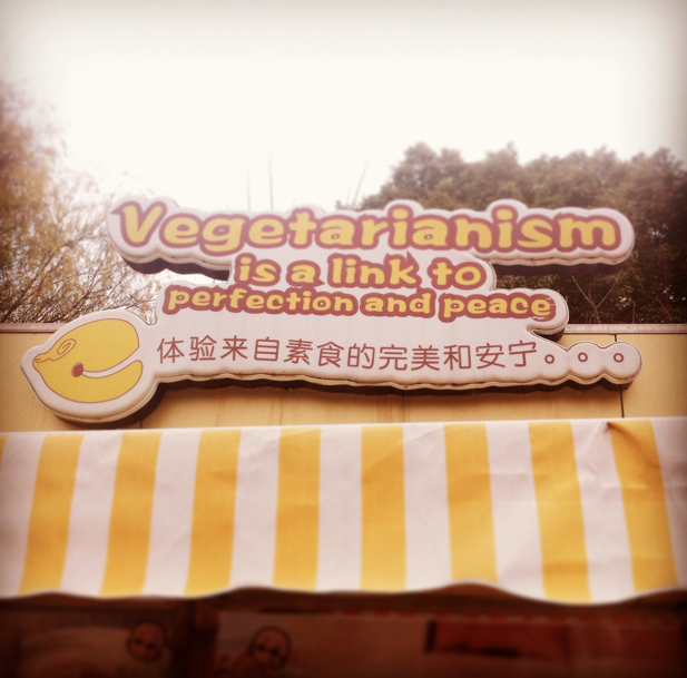 Preach! Vegetarian food stand at the buddhist Temple, one of the rare places we found completely vegetarian food.